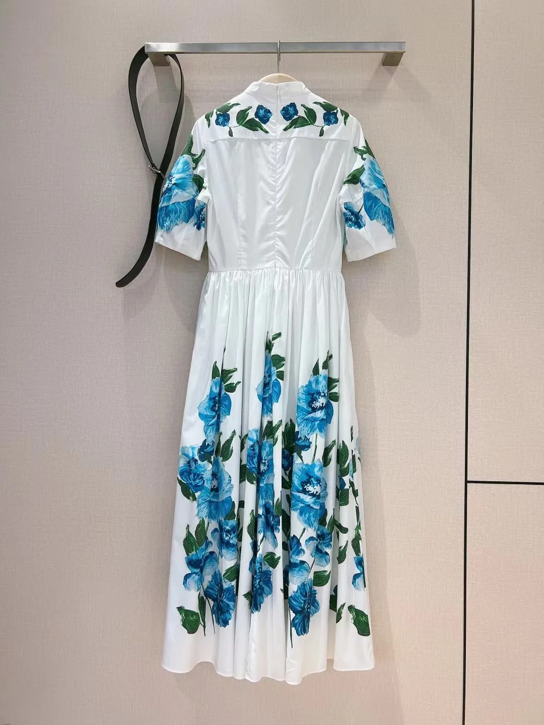 2024 Summer Blue Printed Bubble Sleeve Dress