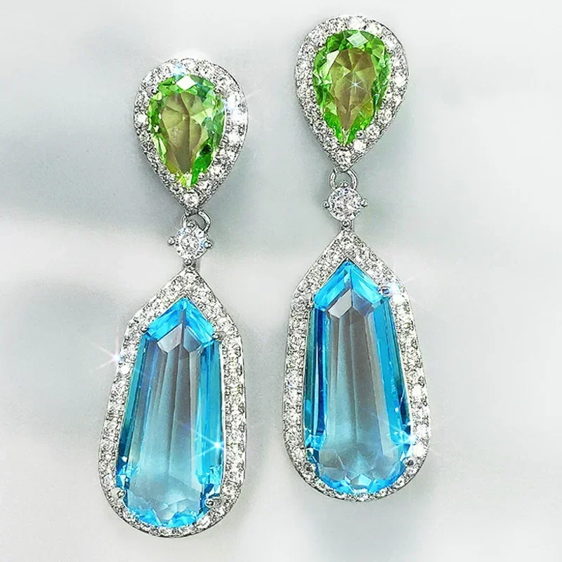 High-end and Colorful Mosang Stone Earrings with Personalized  Fashionable Temperament, Light Luxury,  Thin Face