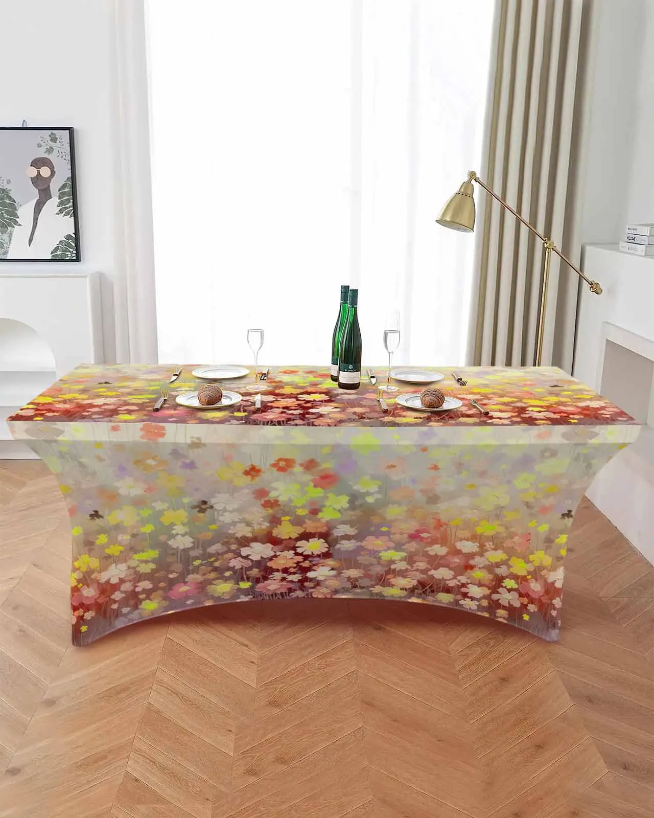 Spring Chrysanthemum Oil Painting Flowers Elastic Table Skirt Wedding Birthday Table Decoration Table Skirt Tablecloth for Party