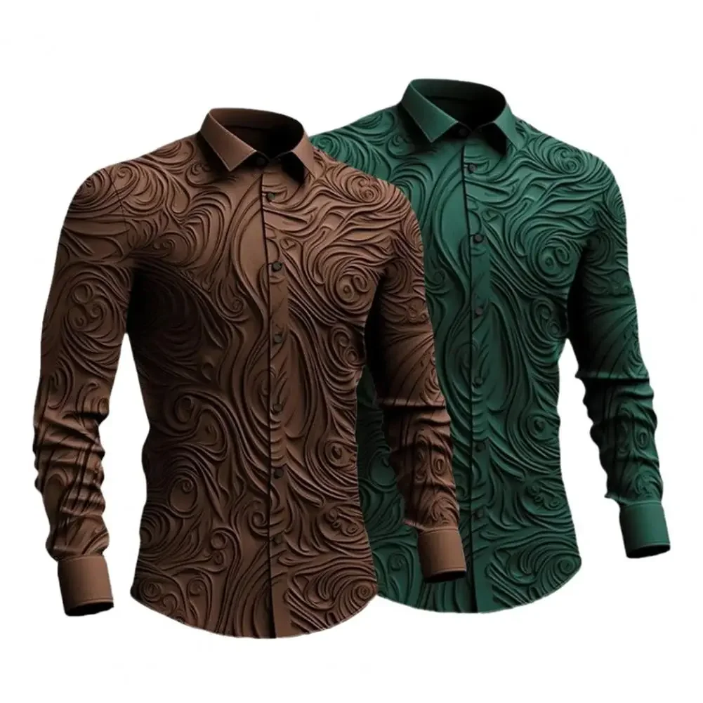 Camisa de tecido elástico masculina, slim fit, cor sólida, manga comprida, top formal, gola virada para baixo, impressão 3D, estilo retrô