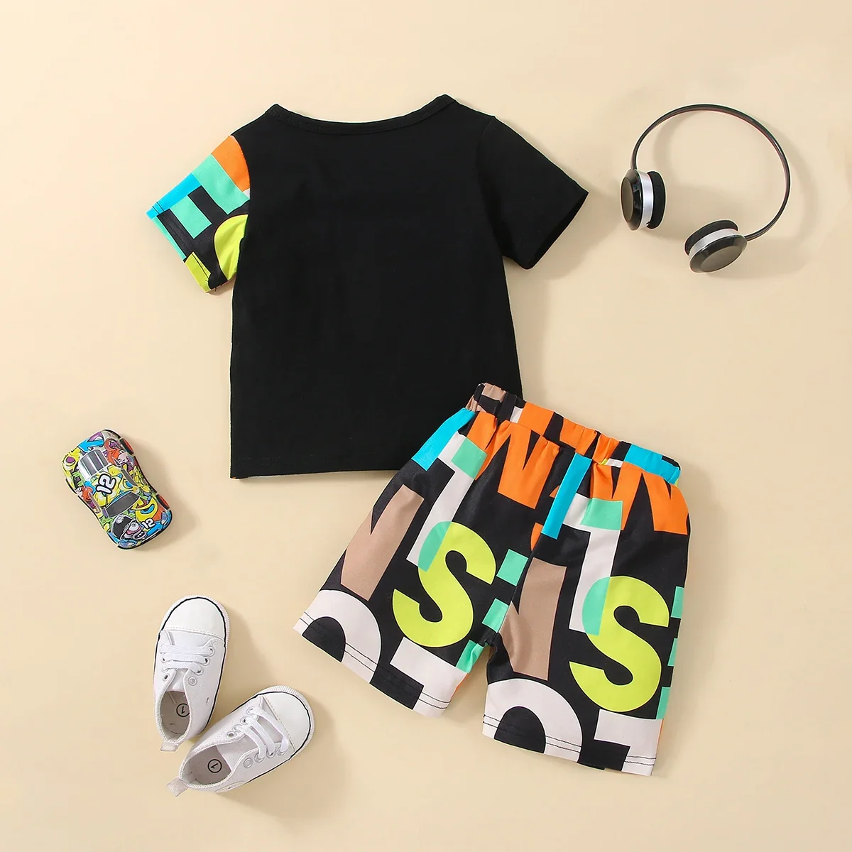 PatPat 2pcs Baby Boy 95% Cotton Short-sleeve Letter Print Black Splicing T-shirt and Shorts Set Soft and Comfortable