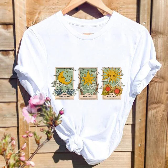 T-shirt per abbigliamento T-shirt casual in poliestere con collo rotondo di base stile anni '90 a maniche corte da donna estiva con stampa di piume carine