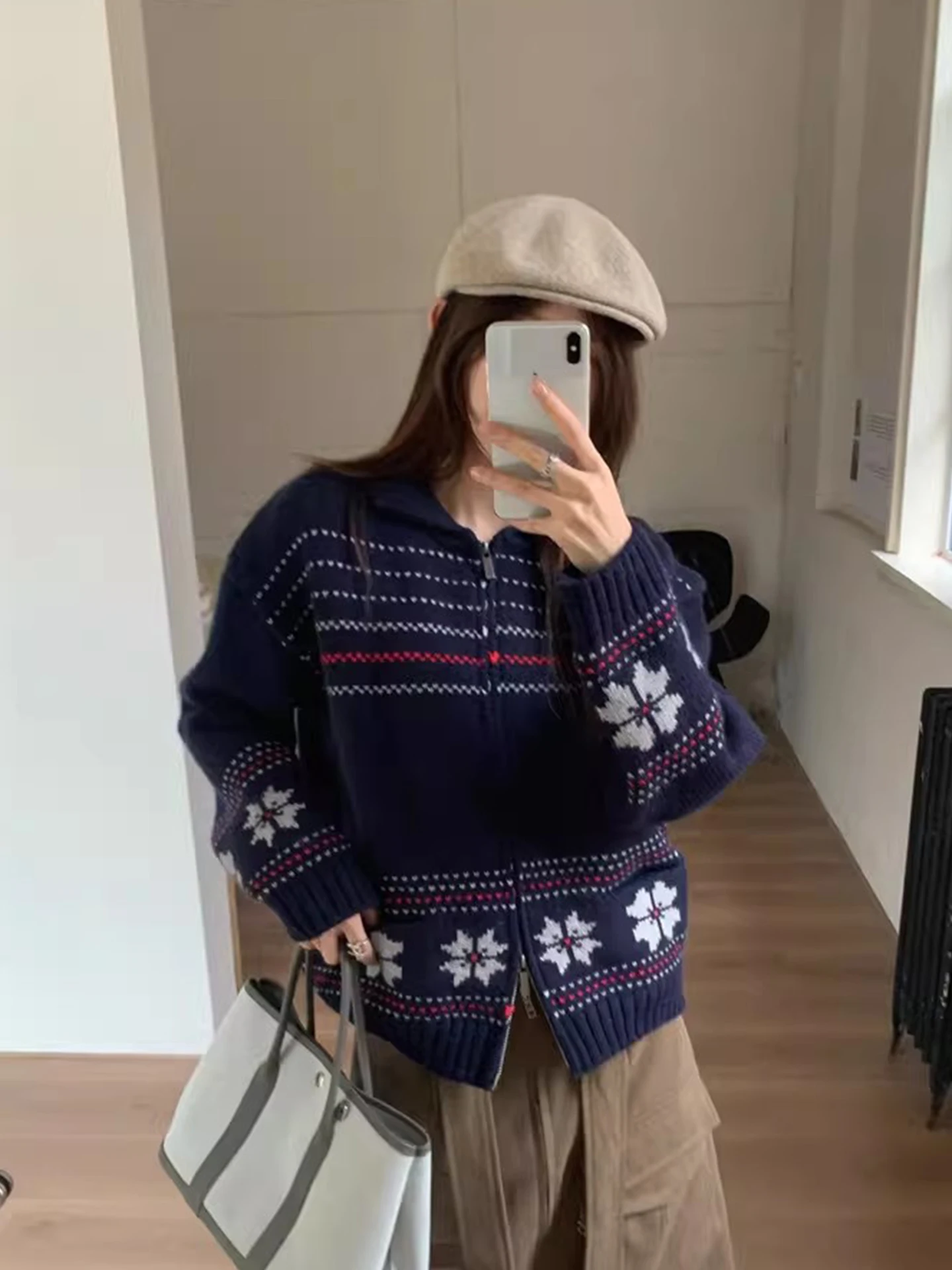 Retro anti-envelhecimento duplo zíper fair isle camisola de malha jaet feminino outono inverno turn-down colarinho ket aberto cardigan topo