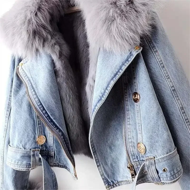 Short Thicken Denim Jacket for Women 2025 Winter Casual Detachable Imitation Fox Fur Zipper Cowboy Coat Female Warm Outerwear