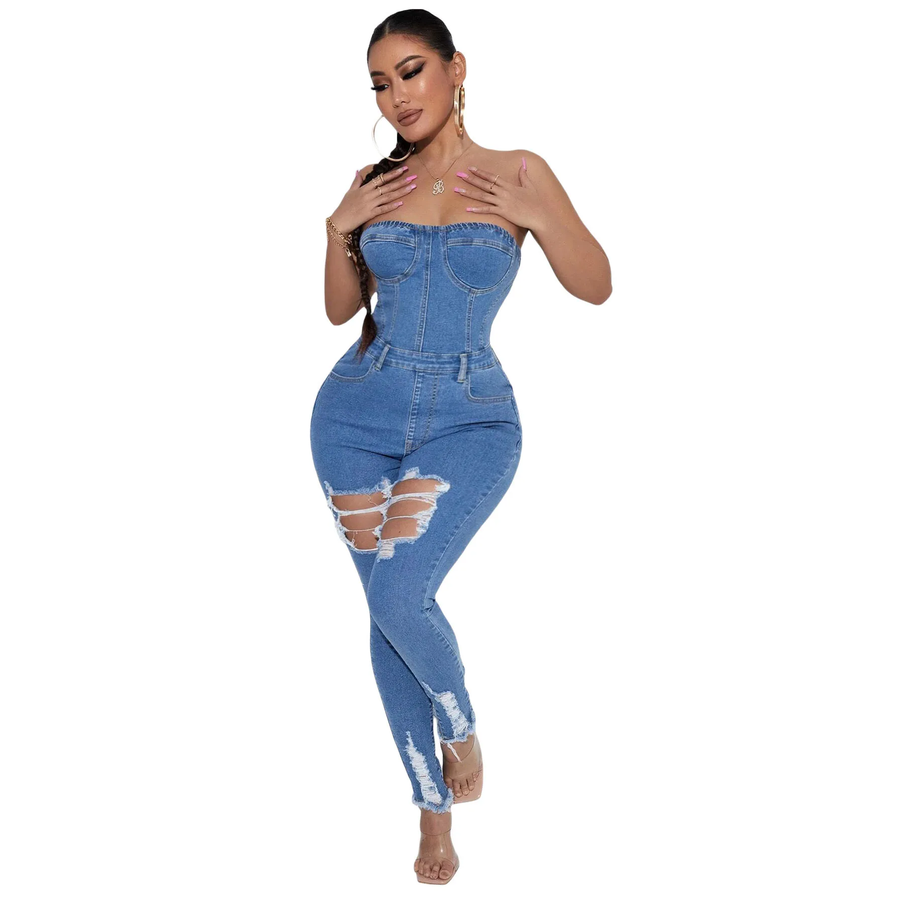 Women's Slim Fit Denim Jumpsuit, Perspective Zipper Bra, Casual, Fashionable