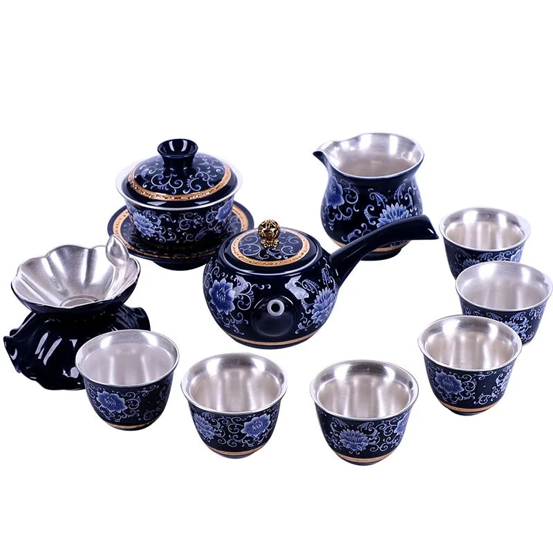 High-end silver tea set, gift set, silver cover bowl, side handle pot set, Jingdezhen blue and white silver kung fu tea cup set