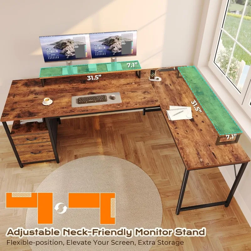 مكتب على شكل حرف L مقاس 63 بوصة مع منافذ طاقة ومنفذ USB-C، مكتب منزلي بزاوية الكمبيوتر مع أدراج قماش الملفات و #6