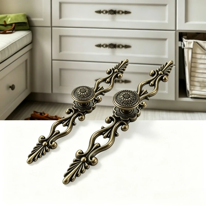 4pcs Vintage Embossed Bronze Long Pull Handle European Zinc Alloy Cabinet Wardrobe Drawer Knob Single Hole DIY Hardware