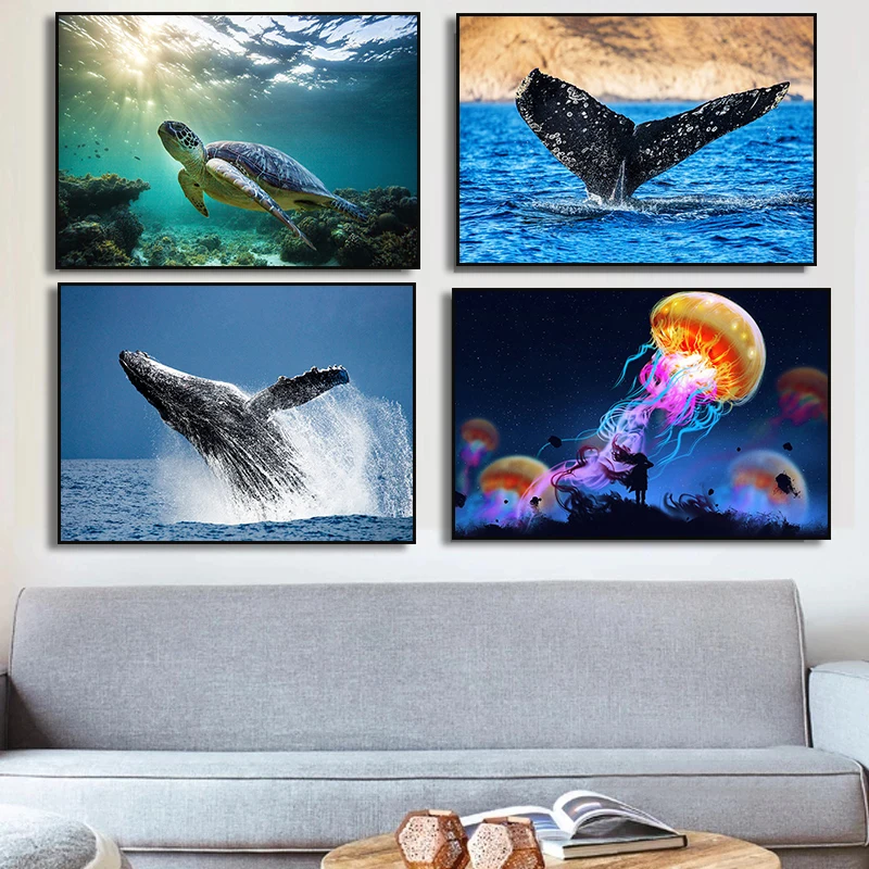 

Shark Jellyfish Humpback Whale Tail Sea Turtle Poster Print Ocean Wildlife Diamond Painting Print for Living Room Home Decor
