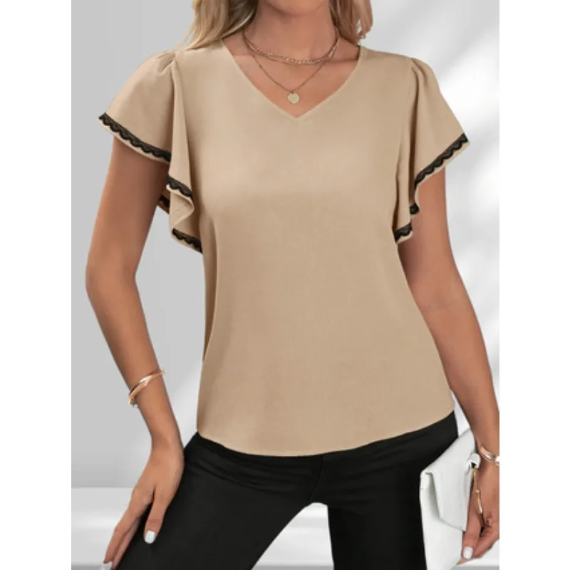 حجم كبير جديد الخريف المرأة البتلة كم بلايز الدانتيل الكروشيه Crewneck قمصان عادية فضفاض بلون الأساسية تونك التي شيرت