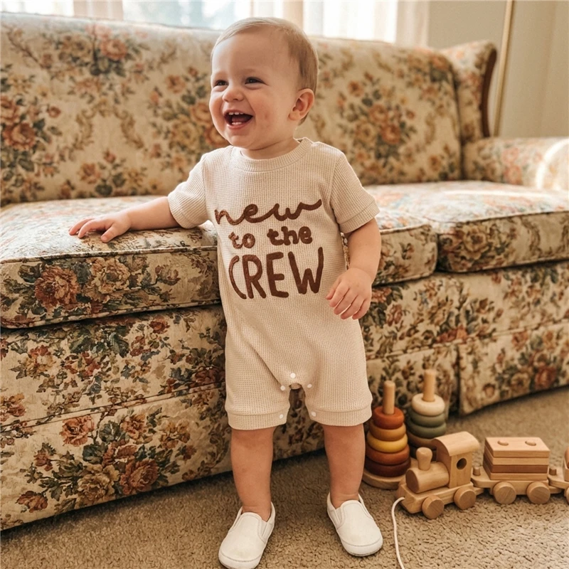 

Летний комбинезон для новорожденного мальчика с вышивкой, короткий рукав, шорты, повседневная вафельная одежда