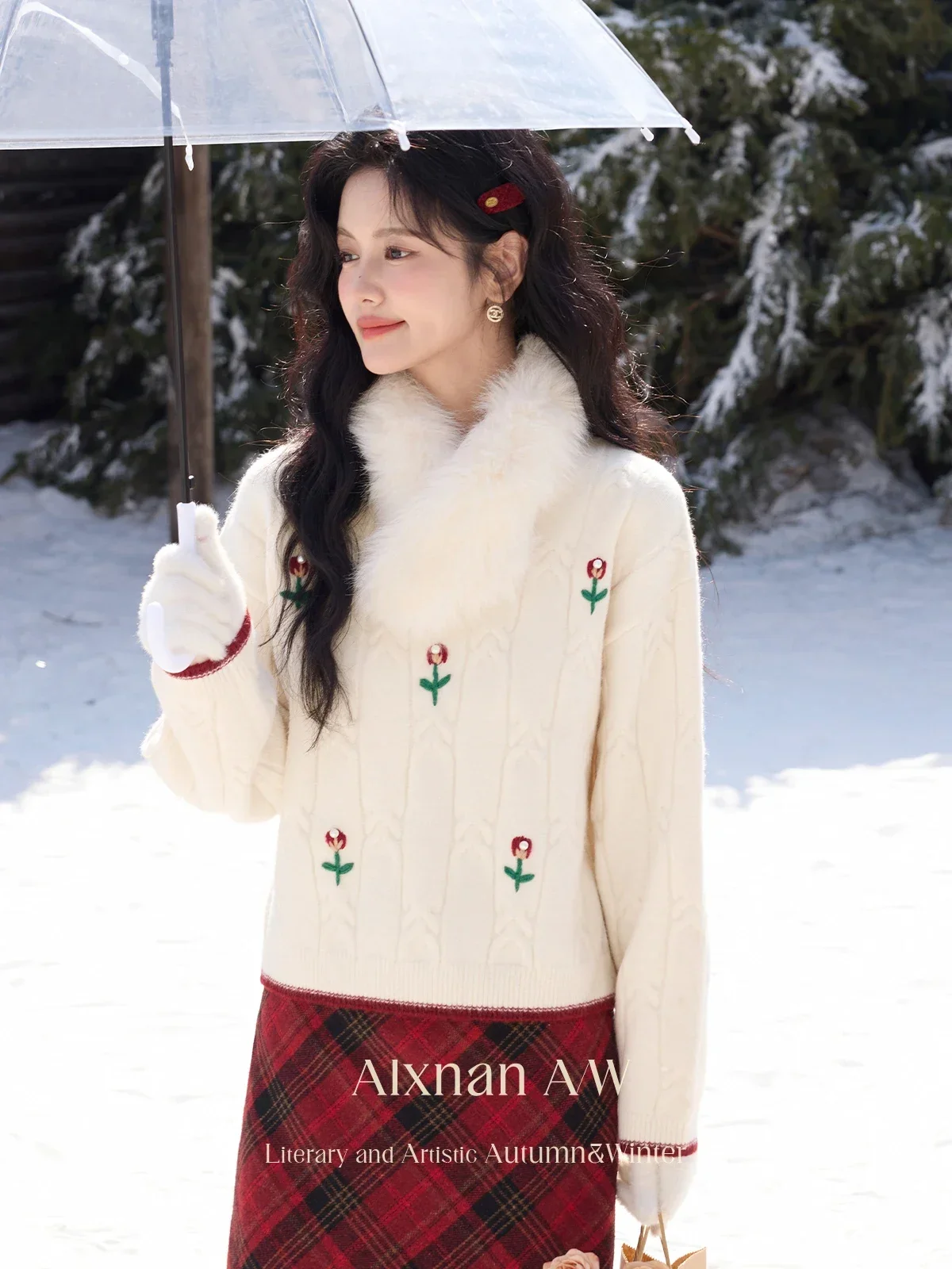 ALXNAN Women Apricot Knitting Sweaters Warm Round Collar Tulip Pearl Drop Long Sleeve Jumper Winter Loose Pullovers 2024 L523112