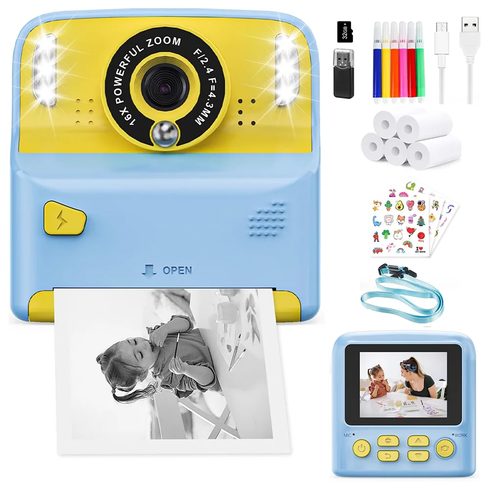 Kids Camera Instant Print 1080P HD 16X Zoom Selfie Digitale Camera voor Meisjes Jongens Kerst Verjaardagscadeautjes Speelgoed met 32G Set
