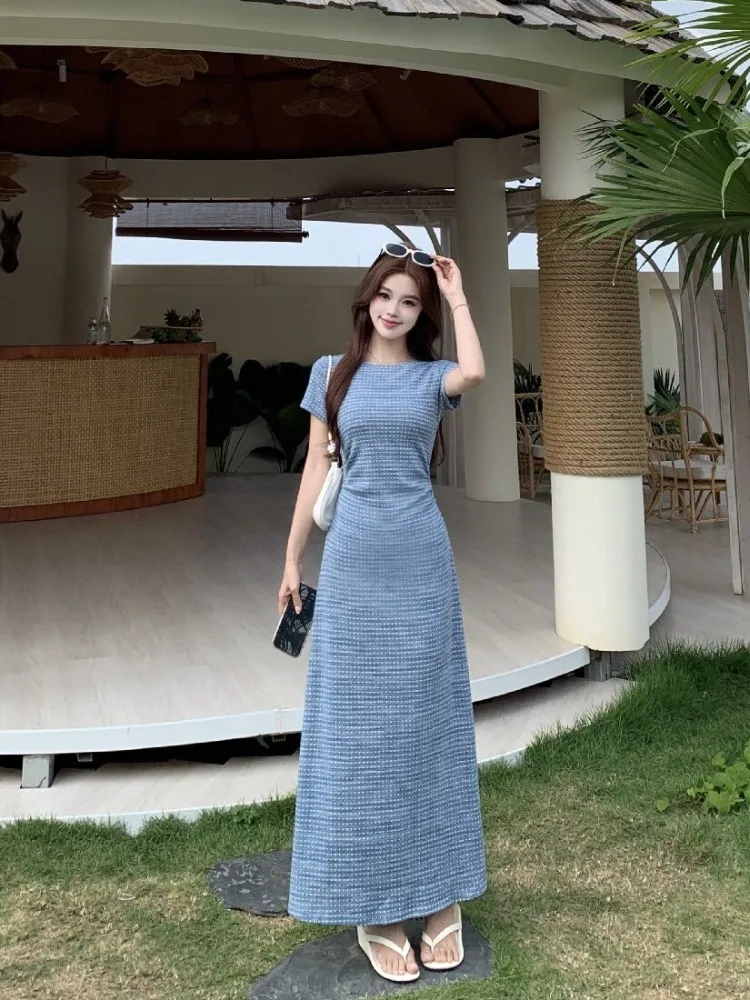 

plus Size Casual Short Sleeve Dress Summer New Waist Cinching Slimming Design Folded Knee-Length A-Line Dress Korean Style