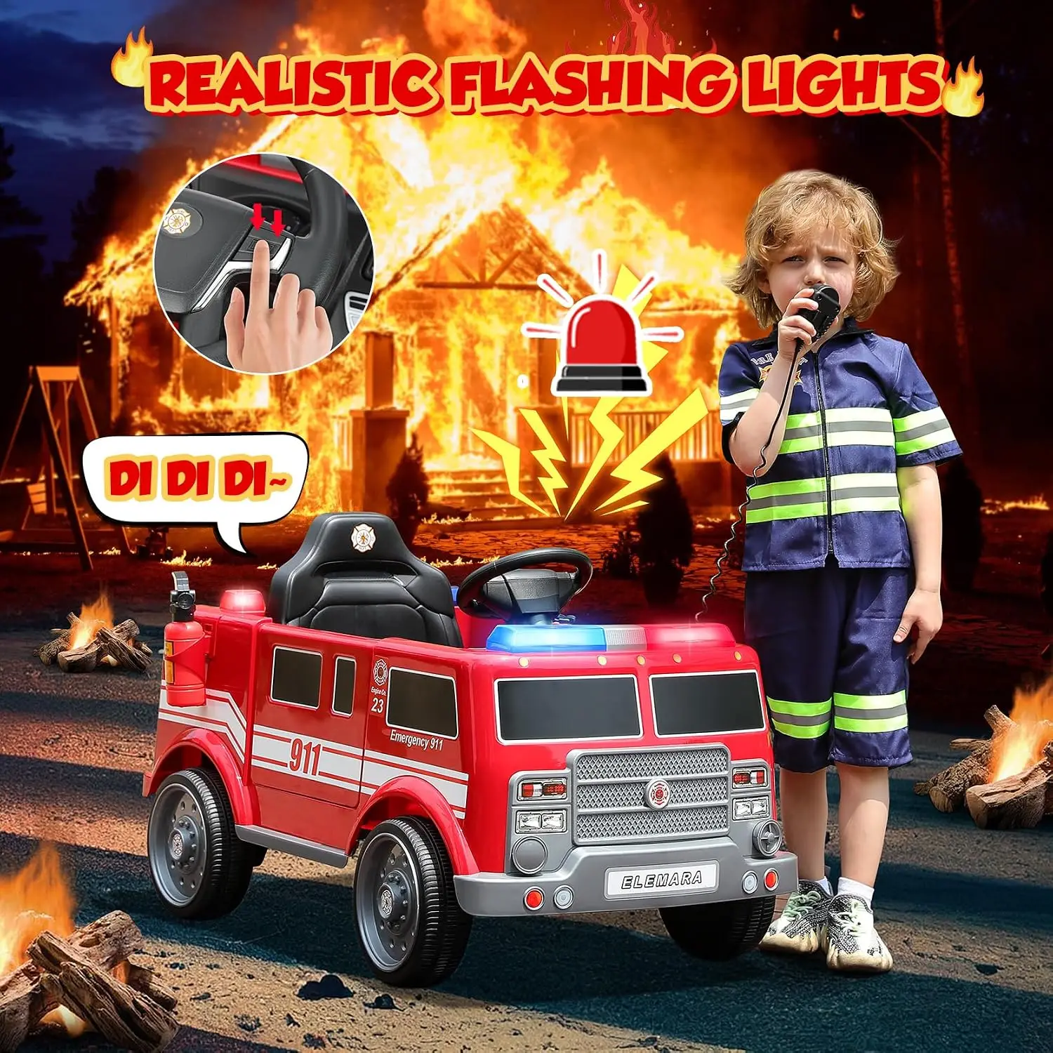12V Ride on Fire Truck, Electric Ride on Car for Kids,Battery Powered Toddler Car w/Parent Remote Control,Siren-Call,walkie-talk
