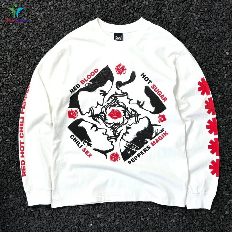 تريند وايت سانت تي شيرت أفضل جودة أزياء شارع العليا غسلها الرجال النساء الخريف طويلة الأكمام قمم تي شيرت #2