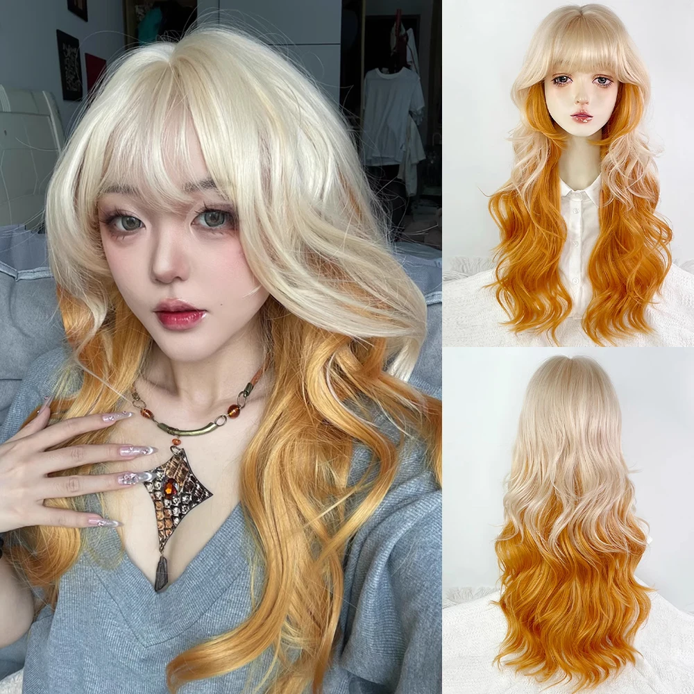 

Blonde Ombre Orange Synthetic Long Wavy Women Wigs with Bangs Fluffy Lolita Cosplay Wig for Daily Party
