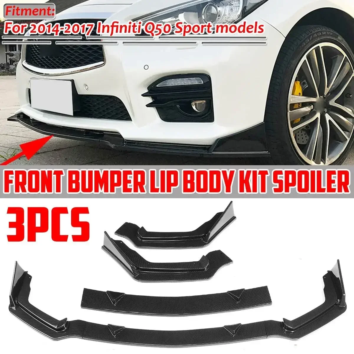 New Q50 Black/Carbon Fiber Look Car Front Bumper Splitter Lip Diffuser Spoiler Guard For Infiniti Q50 Sport 2014-2017 Body Kit