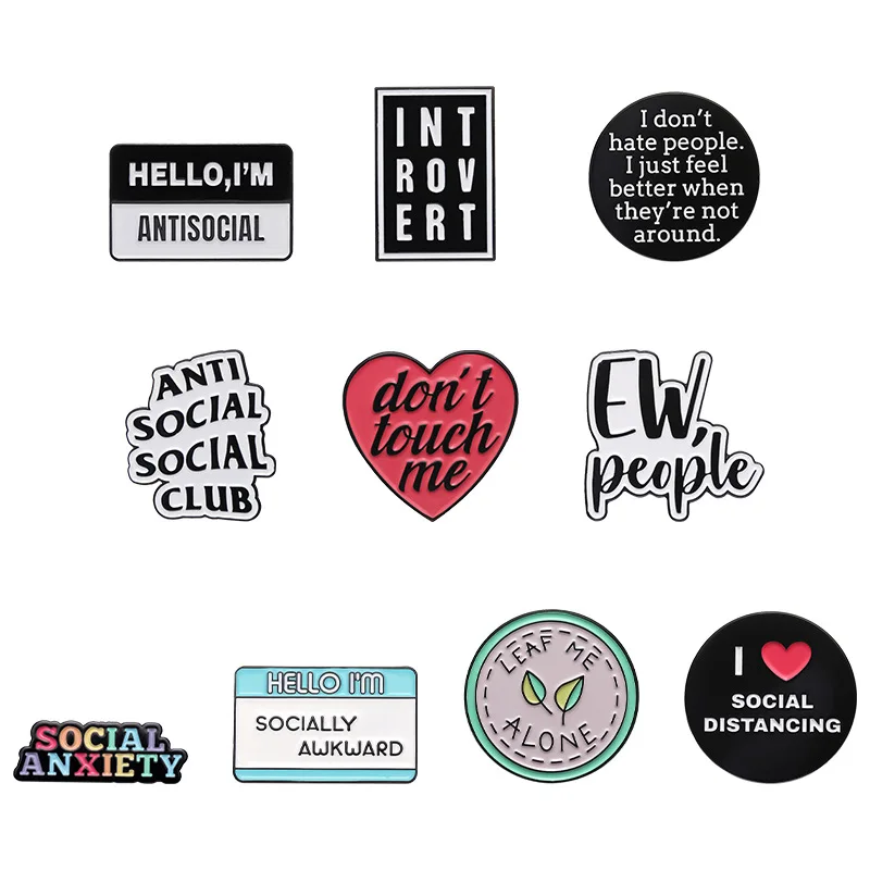 Anti-social Introverts Enamel Pins Creative Social Anxiety Brooches Bag Lapel Badges Funny Heart Quotes Jewelry Gift for Friends