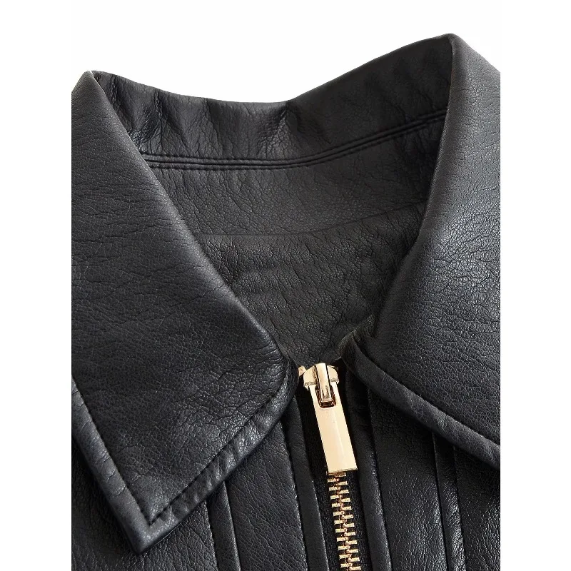 Guobioziy New Women's Classic Commuter Style Versatile High End Two Tone PU Leather Short Jacket Zipper Closure Polyester Fiber