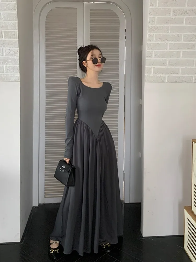 

Новое осеннее облегающее длинное платье с высокой талией для полных женщин, корейский стиль, для повседневной носки