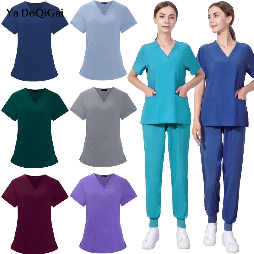 Calças de manga curta feminina, uniforme cirúrgico elástico, tops para pescoço, roupas de esfrega hospitalares, uniforme de trabalho por atacado para mulheres