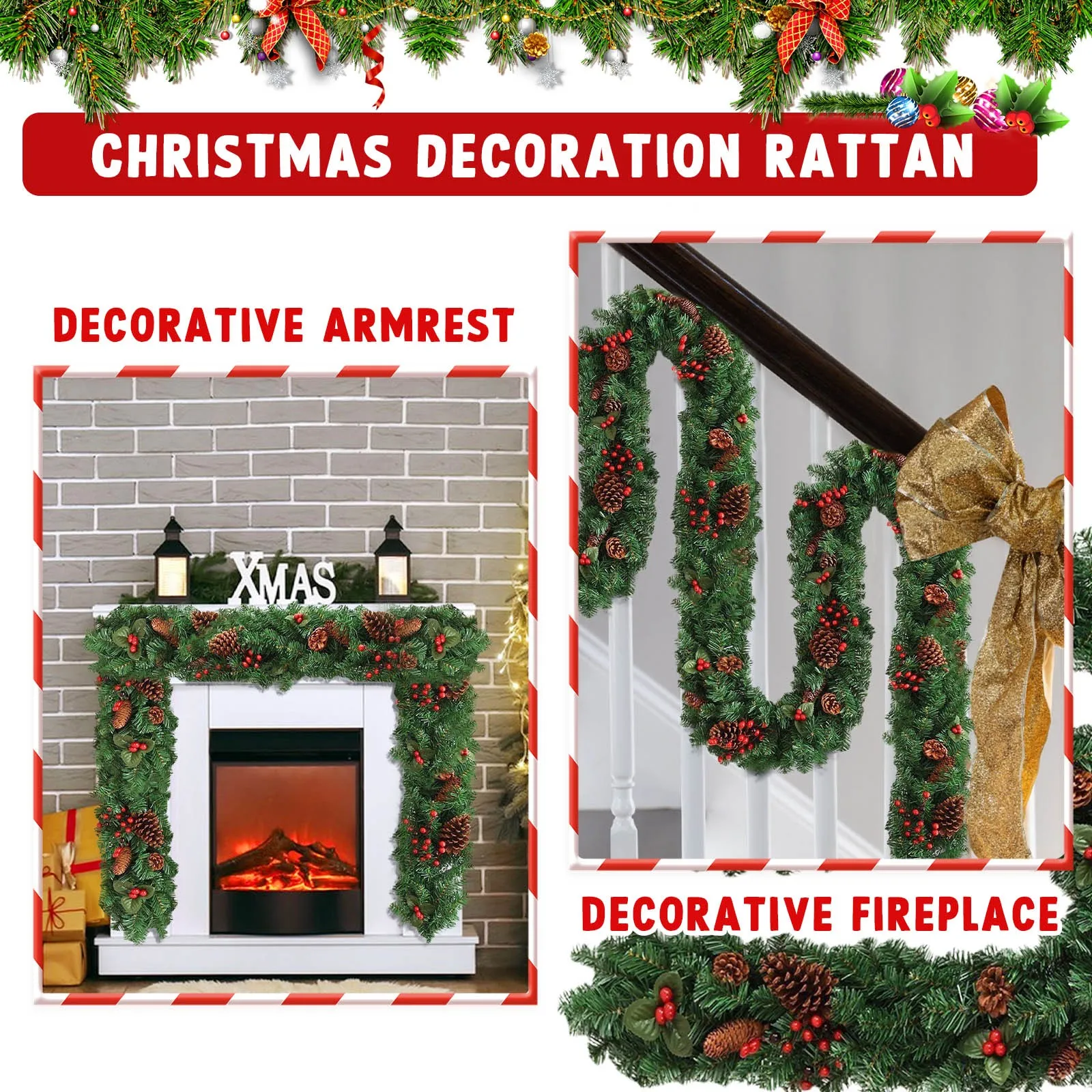 إكليل عيد الميلاد ديكور إكليل صناعي أخضر مع مخاريط وتوت أحمر، ديكور صناعي للداخلية والخارجية، الحديقة