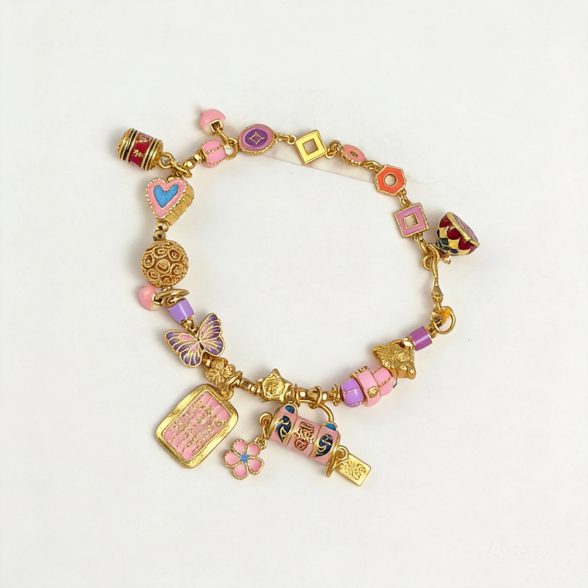 

24k Gold Plated Chinese Style Lucky Pink Garden Bracelet Enamel Butterfly Heart Charms Bracelet For Women Blessing Fortune Jewel