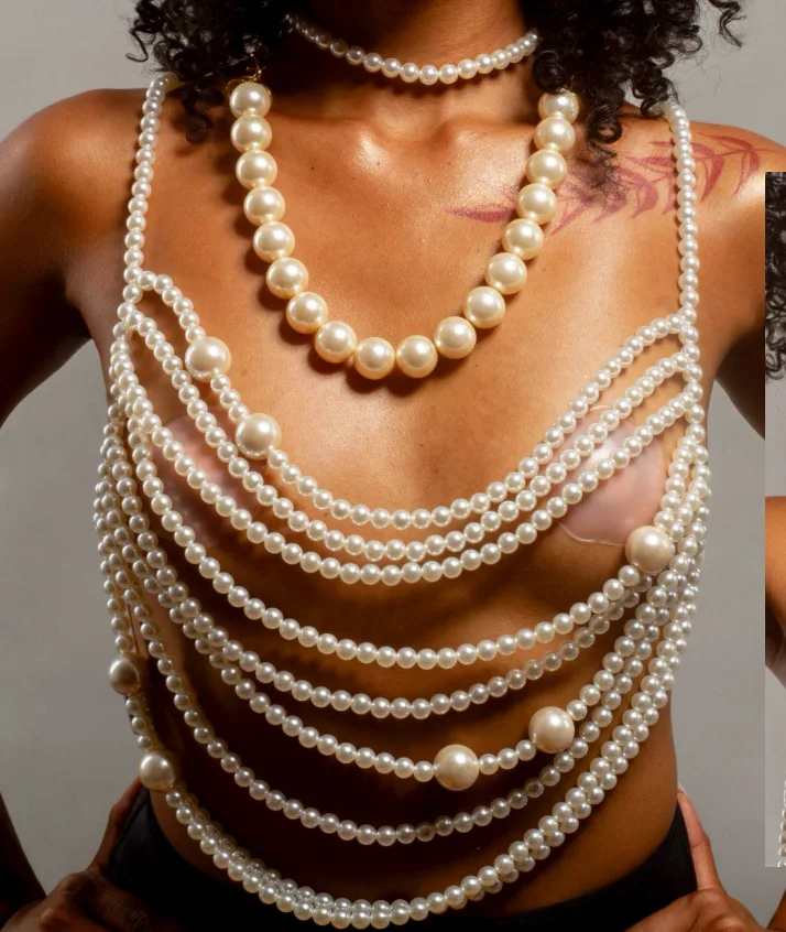 

Adjustable Multi-layered Pearl Vest Halter Women Sexy Short Pearl Tassel Breast Chain Female Camis Tops for Vacation