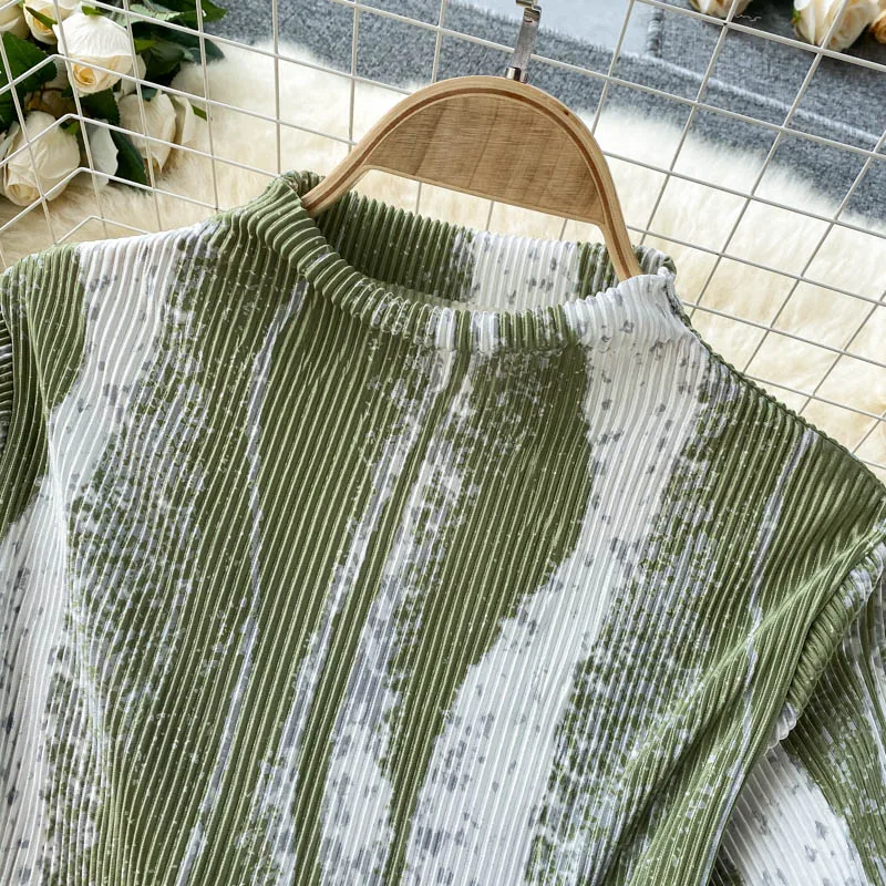 Blue/Black/Green Striped 2pcs Set Women Summer Stand Collar Short Sleeve Tops + High Waist Pants Pleated Draped Suit Female 2022