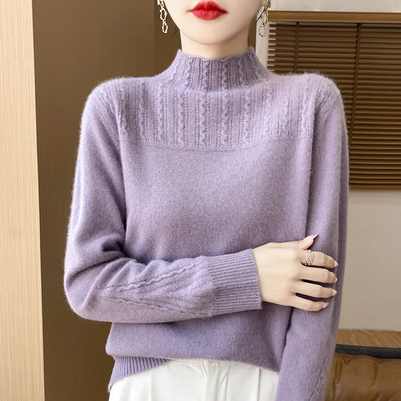 Half Turtleneck 100% Pure Australian Wool Wool Wool Sweater for Women Autumn and Winter New Twisted Knitted Sweater Korean Style