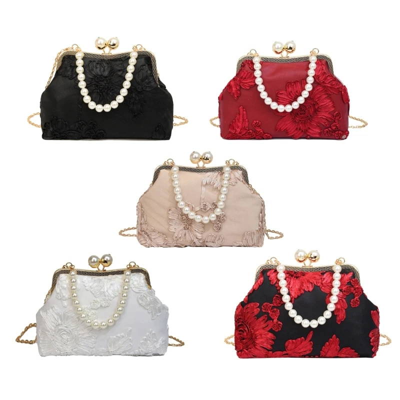 Women Fashionable Pearl Beaded Evening Bag with Chain Vintage Flower Purse Crossbody Handbag for Dinners and Celebration