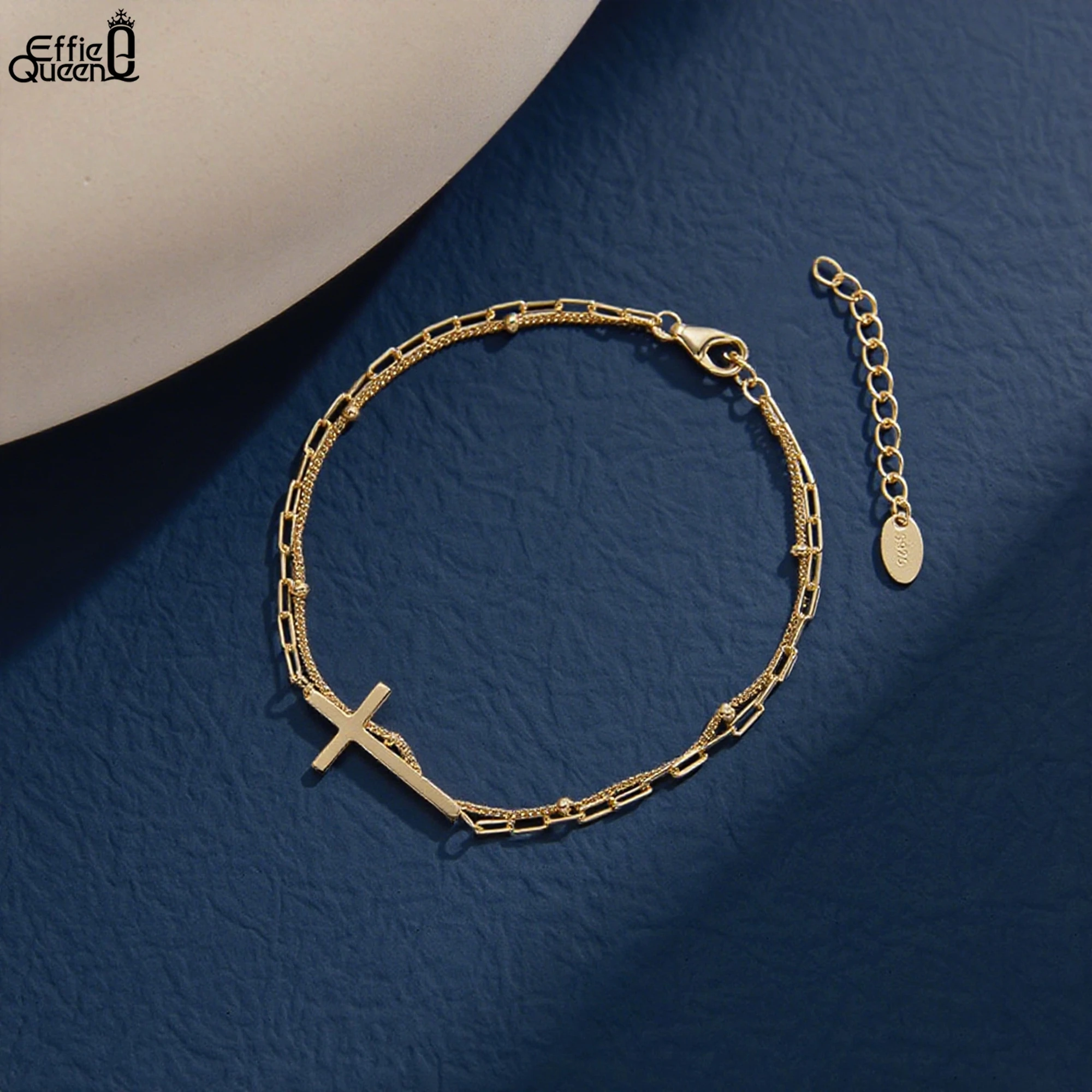 

EFFIE QUEEN Шикарный многослойный браслет с крестом из стерлингового серебра 925 пробы, цепочка скрепки и бусины, шариковая цепочка, вневременные ювелирные изделия для женщин SB197