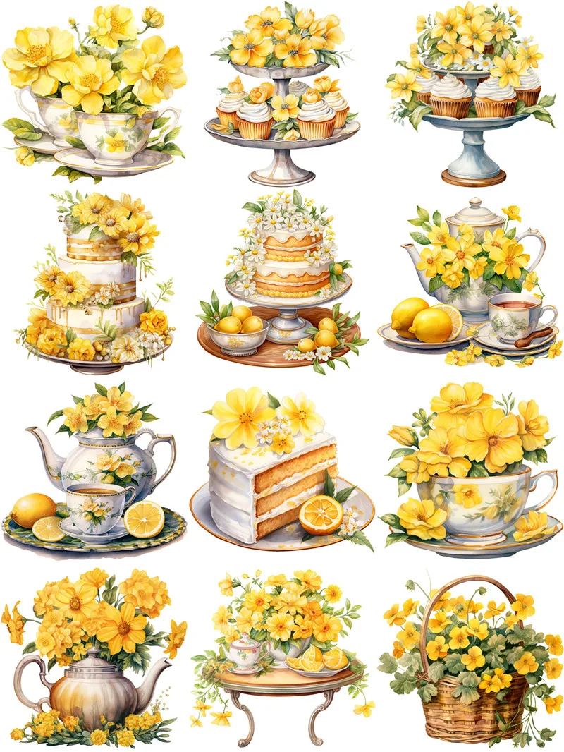 12Pcs/Pack Yellow Flower Dessert Sticker DIY Craft Scrapbooking Album Junk Journal Decorative Stickers