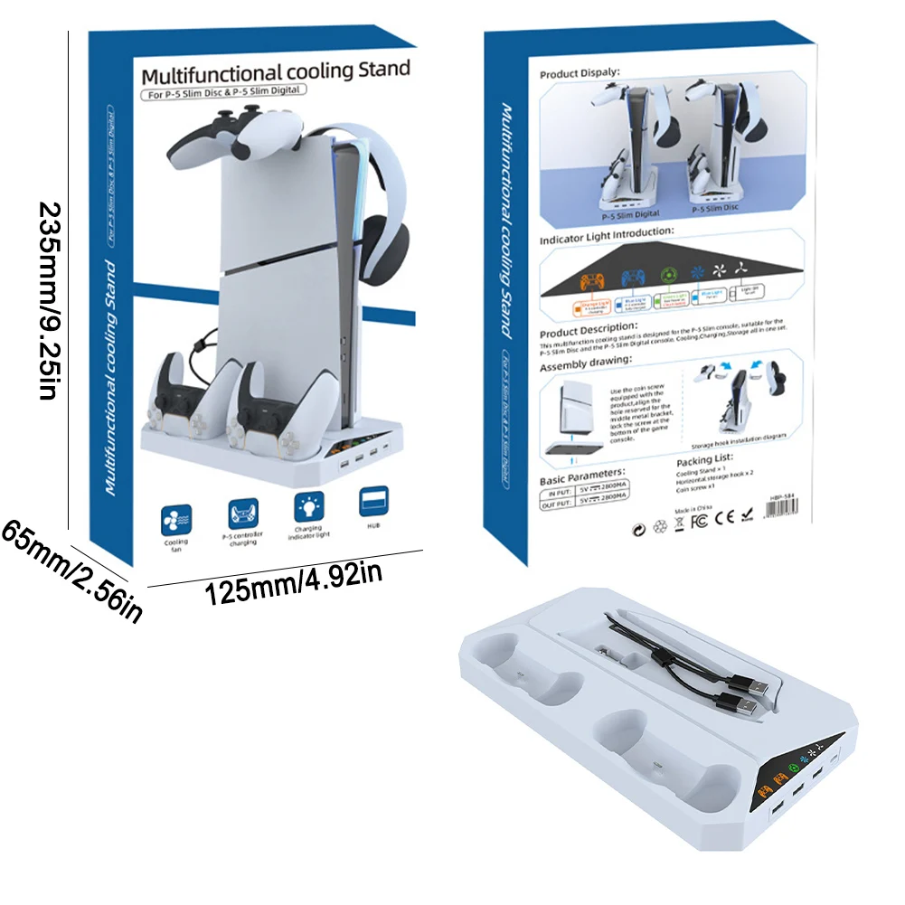 Зарядная док-станция для PS5 Slim с держателем для гарнитуры, зарядная док-станция с двумя контроллерами для Playstation5 Slim Digital/Disc Edition