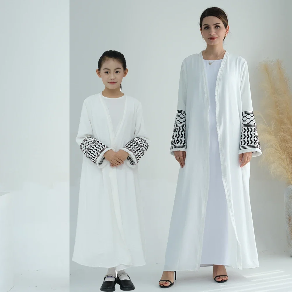 Ricamo Abaya aperto per le donne bambini ragazze nappa Kimono Cardigan abito musulmano Dubai turchia caftano abito arabo saudita Jalabiya