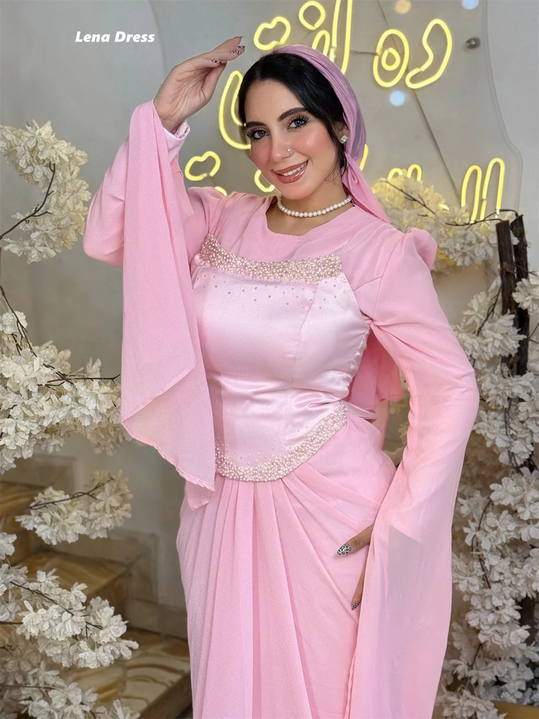 레나 맞춤 제작 고급 파티 드레스 여성용 2025 긴 소매 웨딩 이브닝 드레스 우아한 파티 드레스 여성용 2025 핑크