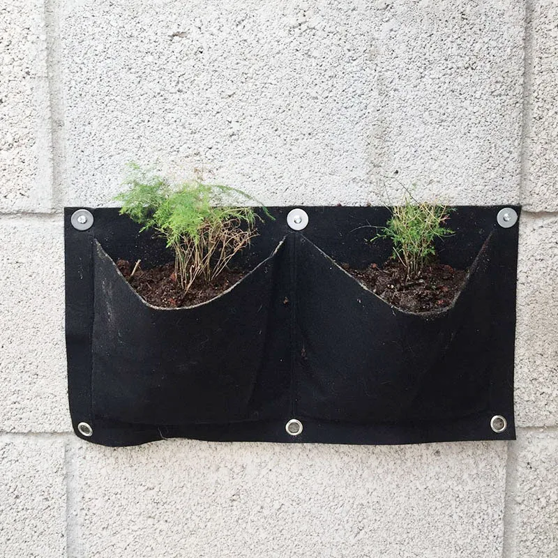 Bolsas de plantación para colgar en la pared, bolsa de pared negra, maceta de cultivo de flores, telas no tejidas, bonsái de estar, decoraciones para balcón, 2 bolsillos