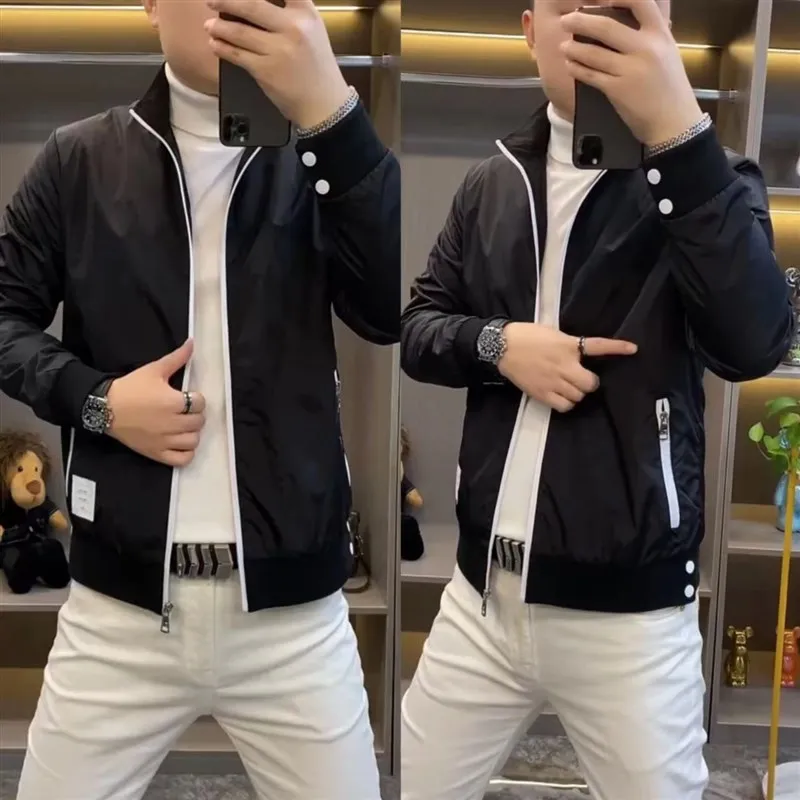 

Bla Slim Fit Men's Jaet Spring Autumn Thin Stand Collar irt Sle Outerwear Youth Faion Polyester Fiber Windproof