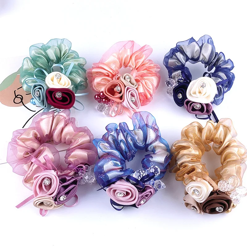 Fashion Flower Yarn Hair Rope Elegant Faux Crystals Rhinestone Bow Hairband For Women Girls Bun Ponytail Scrunchies Hair Jewelry