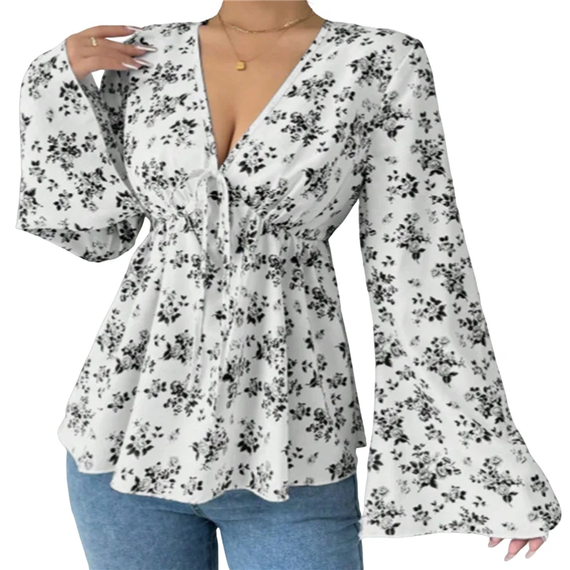 NEW-Women's Floral Print Blouse Long Sleeve Babydoll Shirt Deep V Neck Peplum Top
