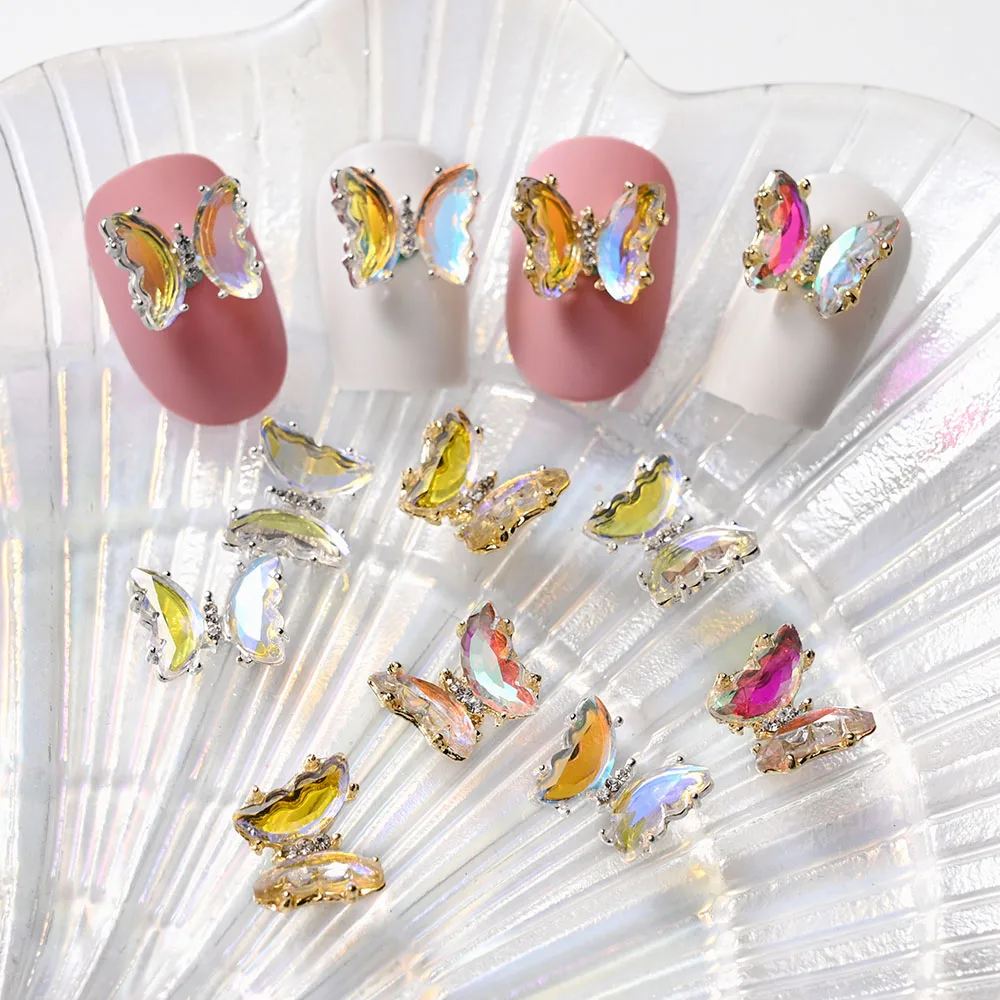 10pcs Aurora Fantasy Butterfly Nail Art Charms 3D Luxury Gold Border Crystal Butterflies DIY Rhinestones For Nail Decoration