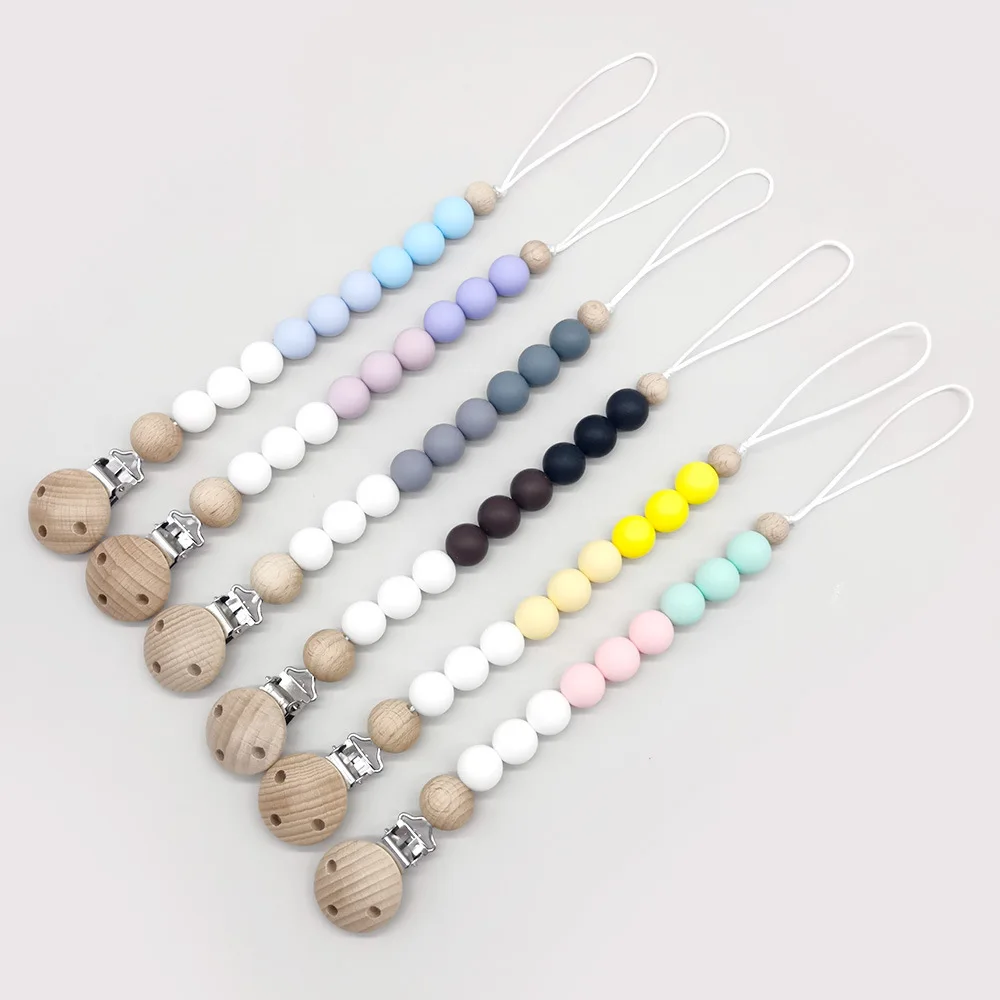 Wooden Baby Pacifier Clip Silicone Multi-color Chain Nipple Holder Infant Soother Teether