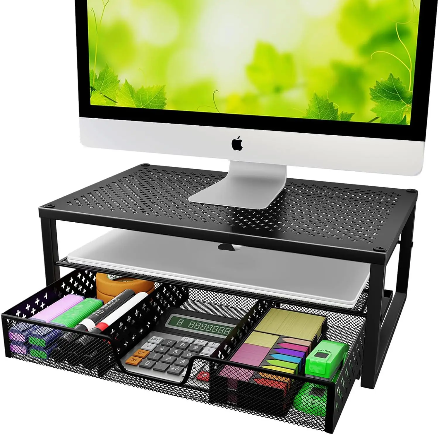 

Metal Monitor Stand Riser with Drawer, 2-Tier Desk Organizer for Laptop Computer