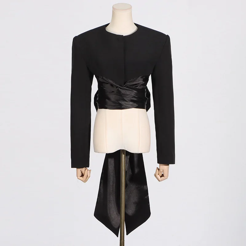 HKSH Women Chic Short Blazer O-neck Long Sleeves Waist Cinching Slim Fit Lace-up Bow Ins Coat High-end Jacket New Spring HK19929