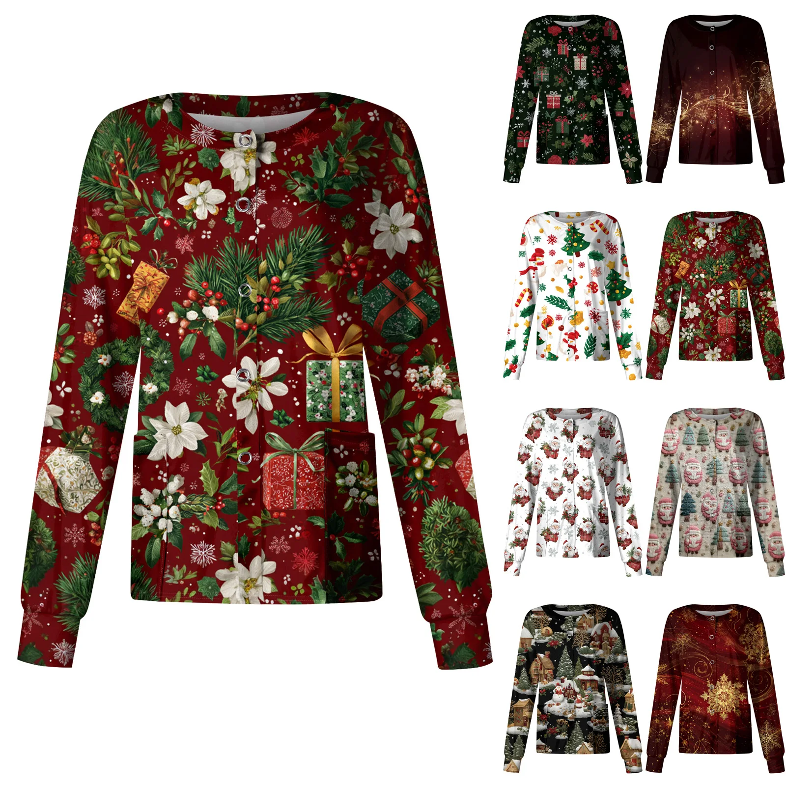 

Женская повседневная мягкая и удобная однобортная защитная одежда с длинными рукавами и рождественским принтом, кардиган, топ, медицинская куртка-скраб