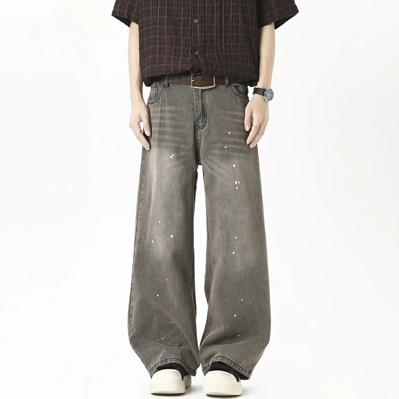 Niche Design Men's Spring Autumn Jeans Splash-ink Contrast Color Wide Leg All-match Trousers Straight-leg Loose Male Denim Pants