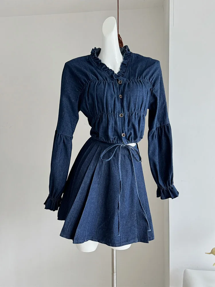 High Quality Washed Blue Outfits 2 Piece Skirt Set Ruffled Denim Blouses + High Waist Pleated Skirt Office Lady Formal Occasion