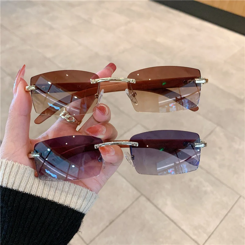 

Rimless sunglasses men women wooden pattern luxury brand retro sun glasses fashion shades UV400 travel Outdoor