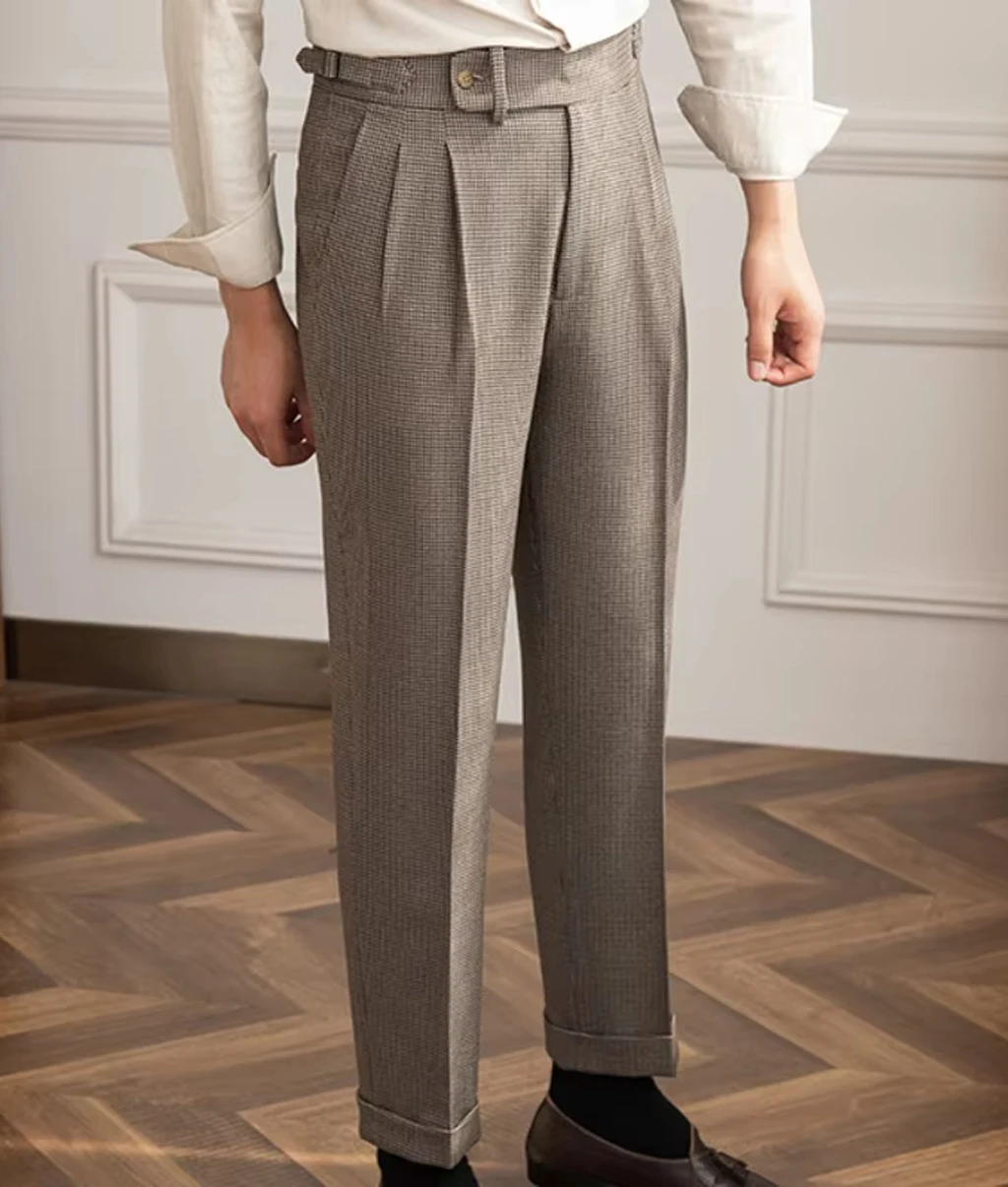 بنطلون رجالي بريطاني عالي الخصر بنطال مستقيم الساق للأعمال الإيطالية بنطلون ريترو هومبر بنطلون اجتماعي أنيق